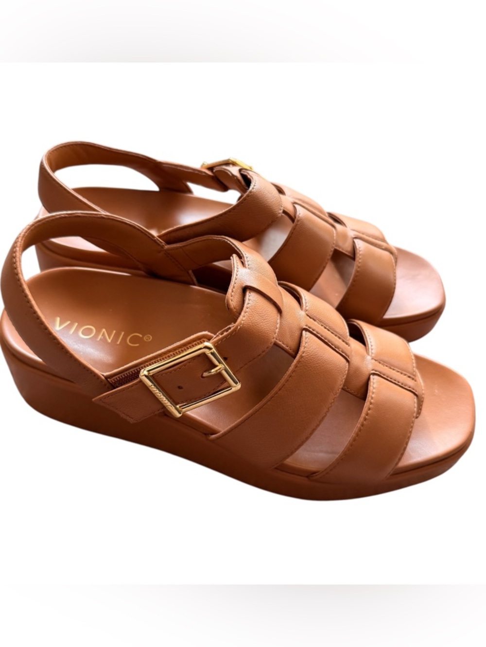 Vionic Delano Fisherman Leather Wedge Sandal‎s US Size 7.5 Caramel Brown Tan